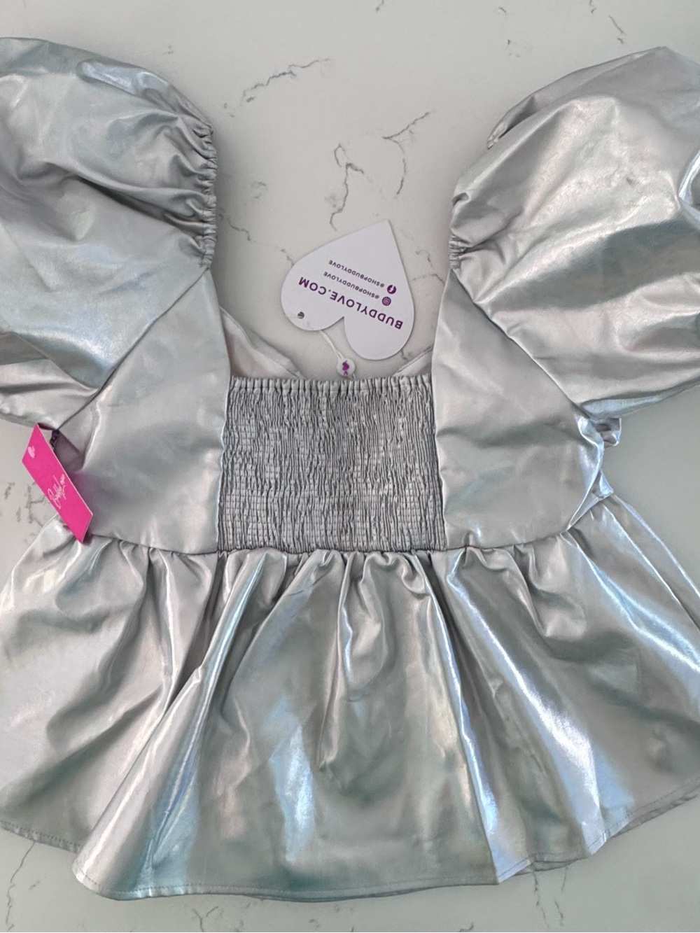 NWT BuddyLove Houston Top L Iridescent Metallic Vegan Leather Puff Sleeve - Picture 3 of 6